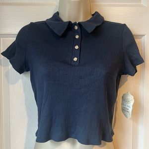 Altar’d State Navy Women’s Medium Collared Cropped‎ Short Sleeve Polo Shirt
